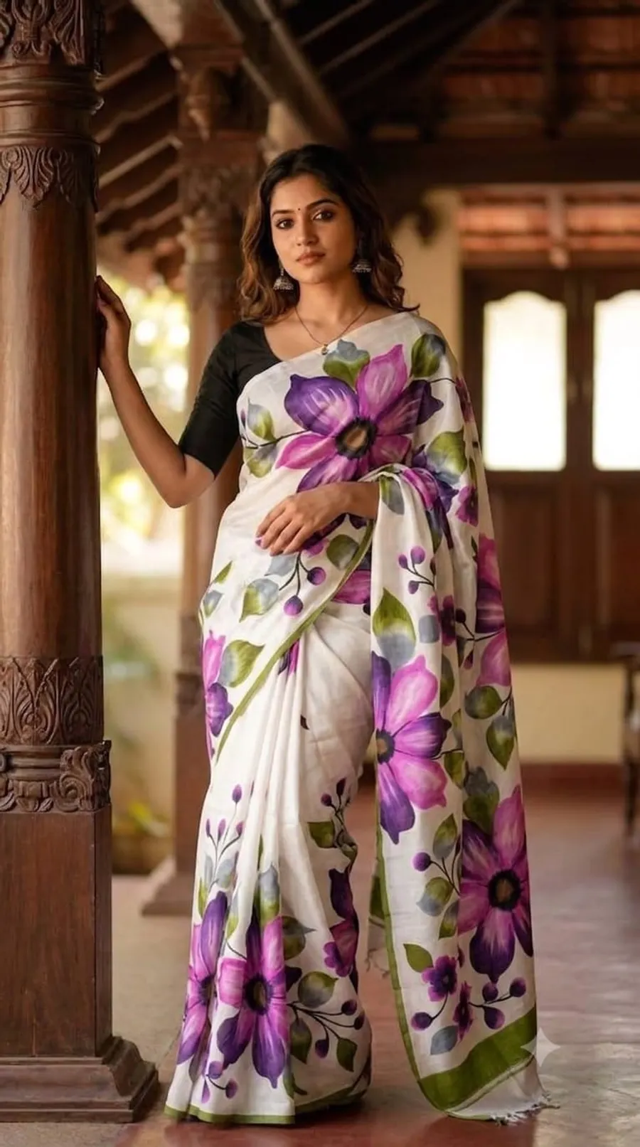 Hand-Painted Bishnupur Silk Saree with Big Floral Design – Latest Designer Collection